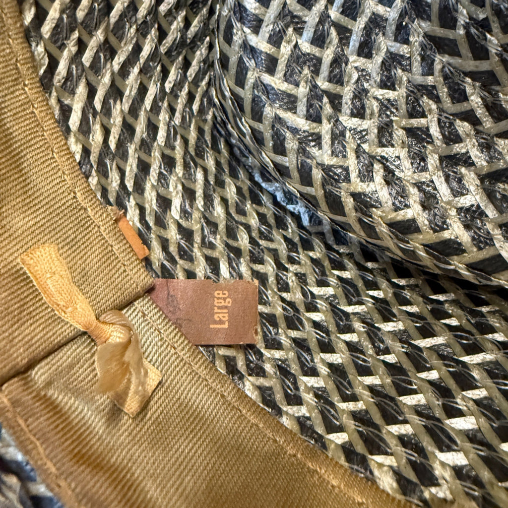 Woven Straw Fedora Hat With Plaid Argyle Fabric Band Size Large Natural & Green Accents