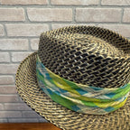 Woven Straw Fedora Hat With Plaid Argyle Fabric Band Size Large Natural & Green Accents