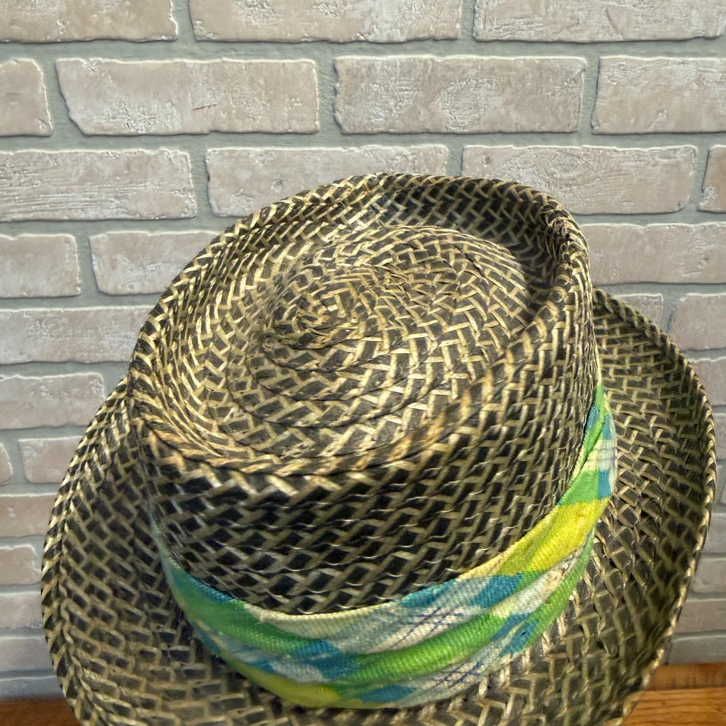 Woven Straw Fedora Hat With Plaid Argyle Fabric Band Size Large Natural & Green Accents