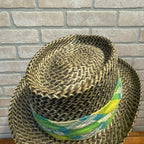 Woven Straw Fedora Hat With Plaid Argyle Fabric Band Size Large Natural & Green Accents