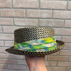 Woven Straw Fedora Hat With Plaid Argyle Fabric Band Size Large Natural & Green Accents
