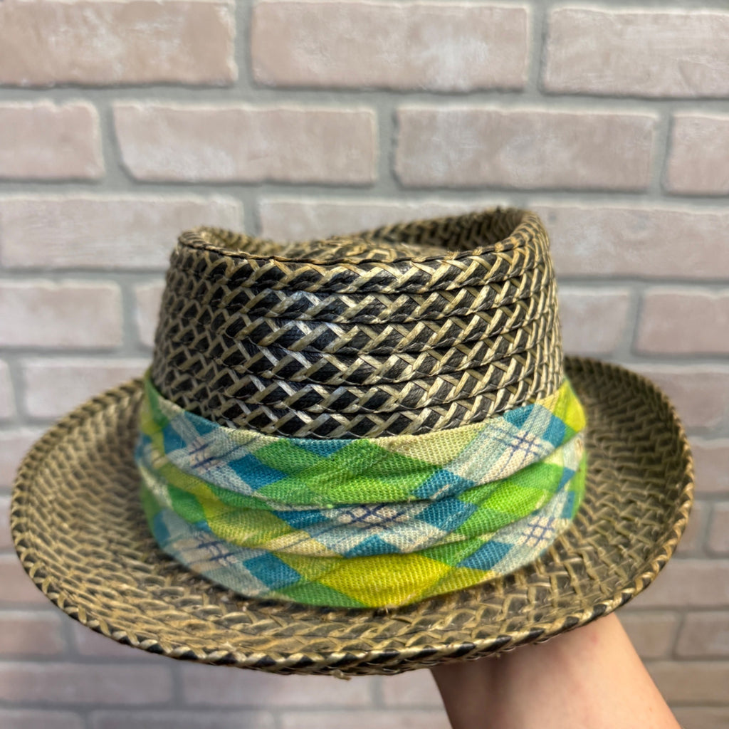 Woven Straw Fedora Hat With Plaid Argyle Fabric Band Size Large Natural & Green Accents