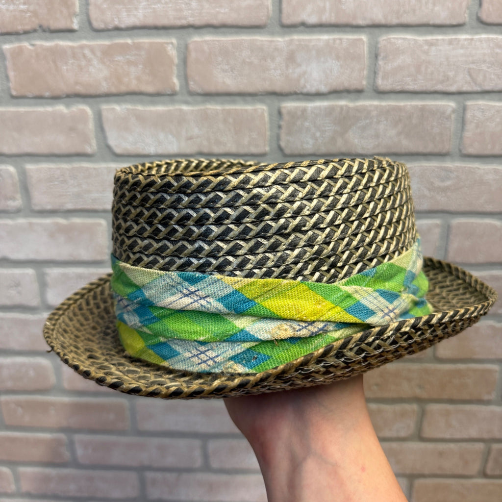 Woven Straw Fedora Hat With Plaid Argyle Fabric Band Size Large Natural & Green Accents