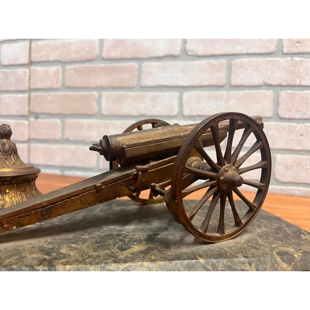 Antique Victorian Brass Bronze Cannon Artillery Desk Inkwell Marble Base