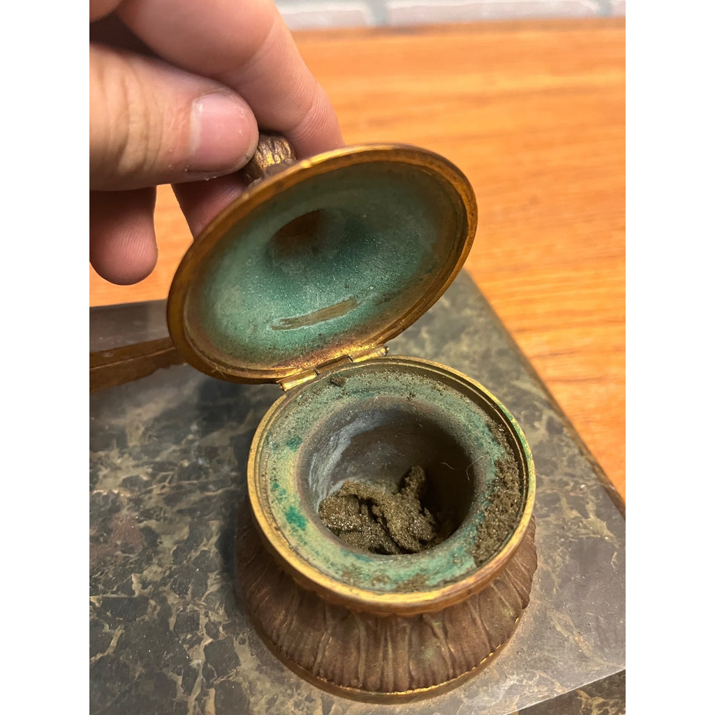 Antique Victorian Brass Bronze Cannon Artillery Desk Inkwell Marble Base
