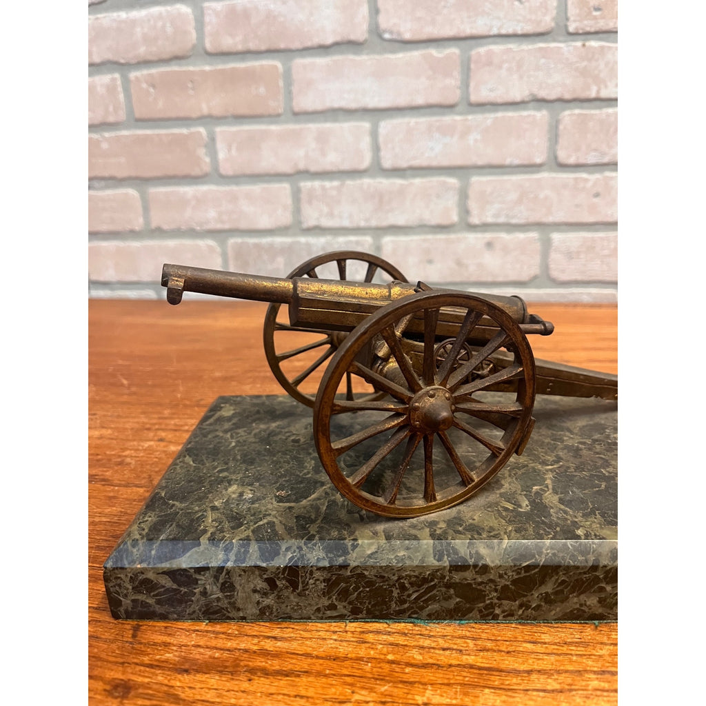 Antique Victorian Brass Bronze Cannon Artillery Desk Inkwell Marble Base