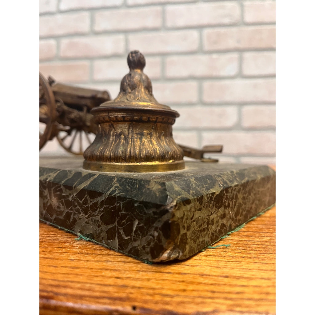 Antique Victorian Brass Bronze Cannon Artillery Desk Inkwell Marble Base