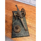 Antique Victorian Brass Bronze Cannon Artillery Desk Inkwell Marble Base