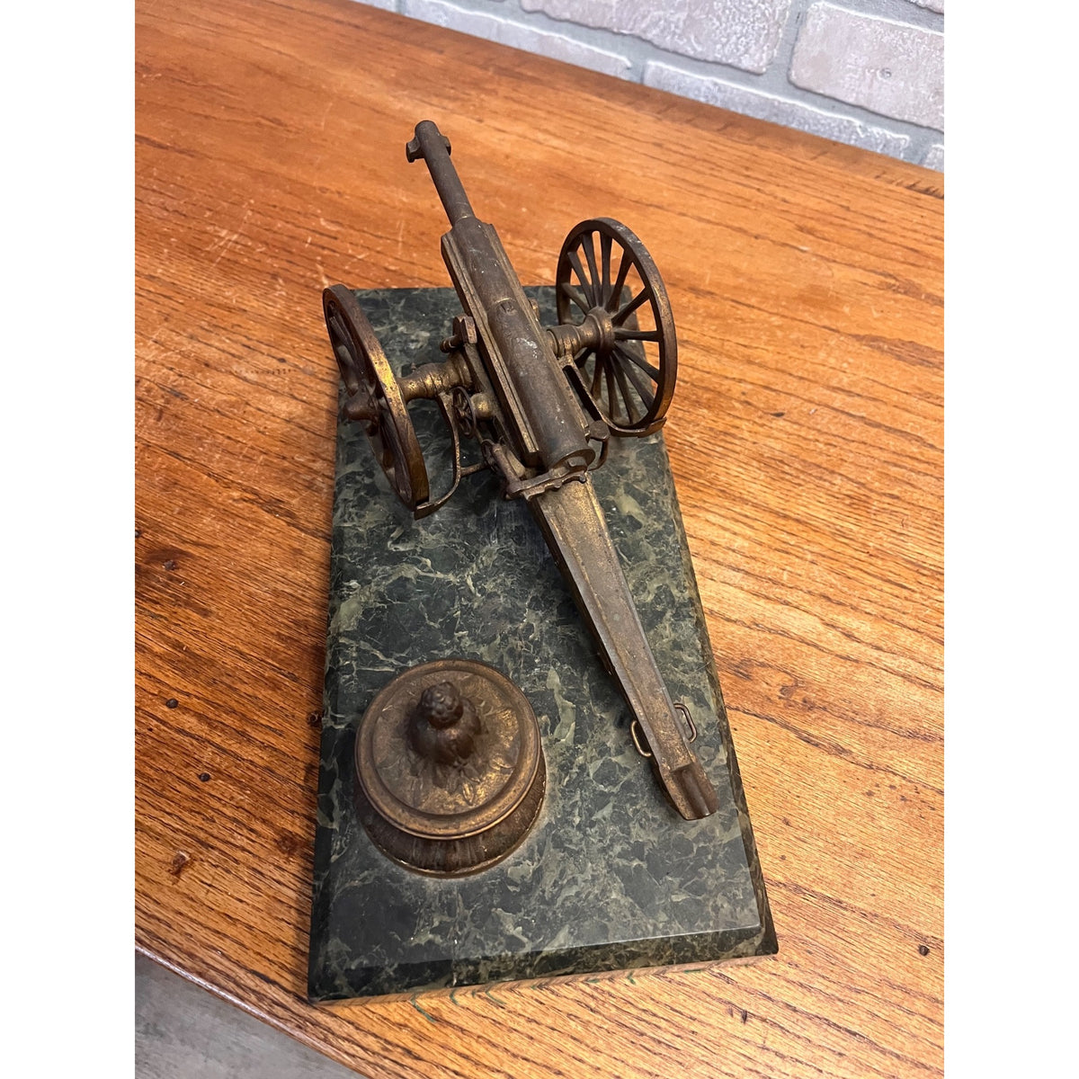 Antique Victorian Brass Bronze Cannon Artillery Desk Inkwell Marble Base
