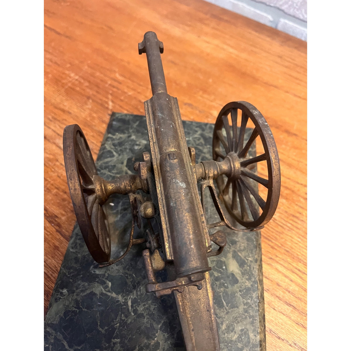 Antique Victorian Brass Bronze Cannon Artillery Desk Inkwell Marble Base