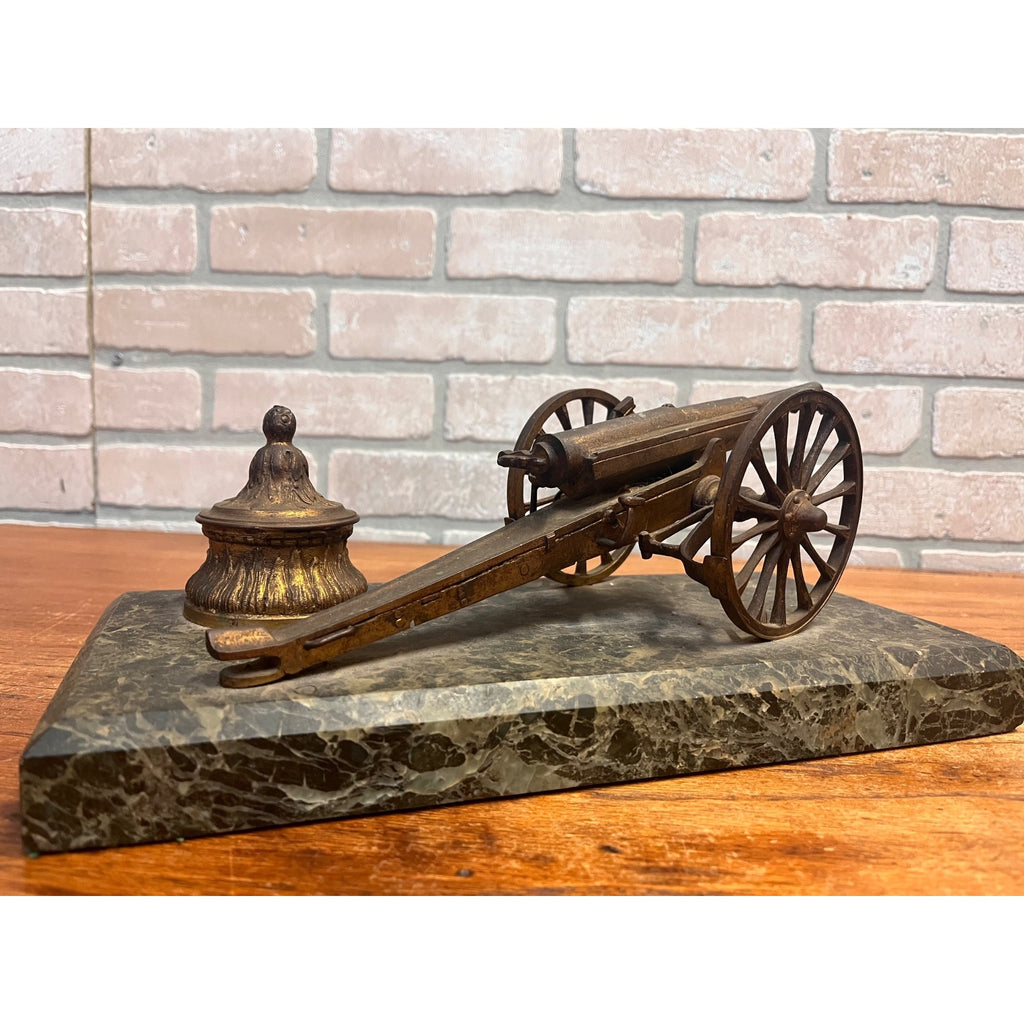 Antique Victorian Brass Bronze Cannon Artillery Desk Inkwell Marble Base