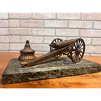 Antique Victorian Brass Bronze Cannon Artillery Desk Inkwell Marble Base