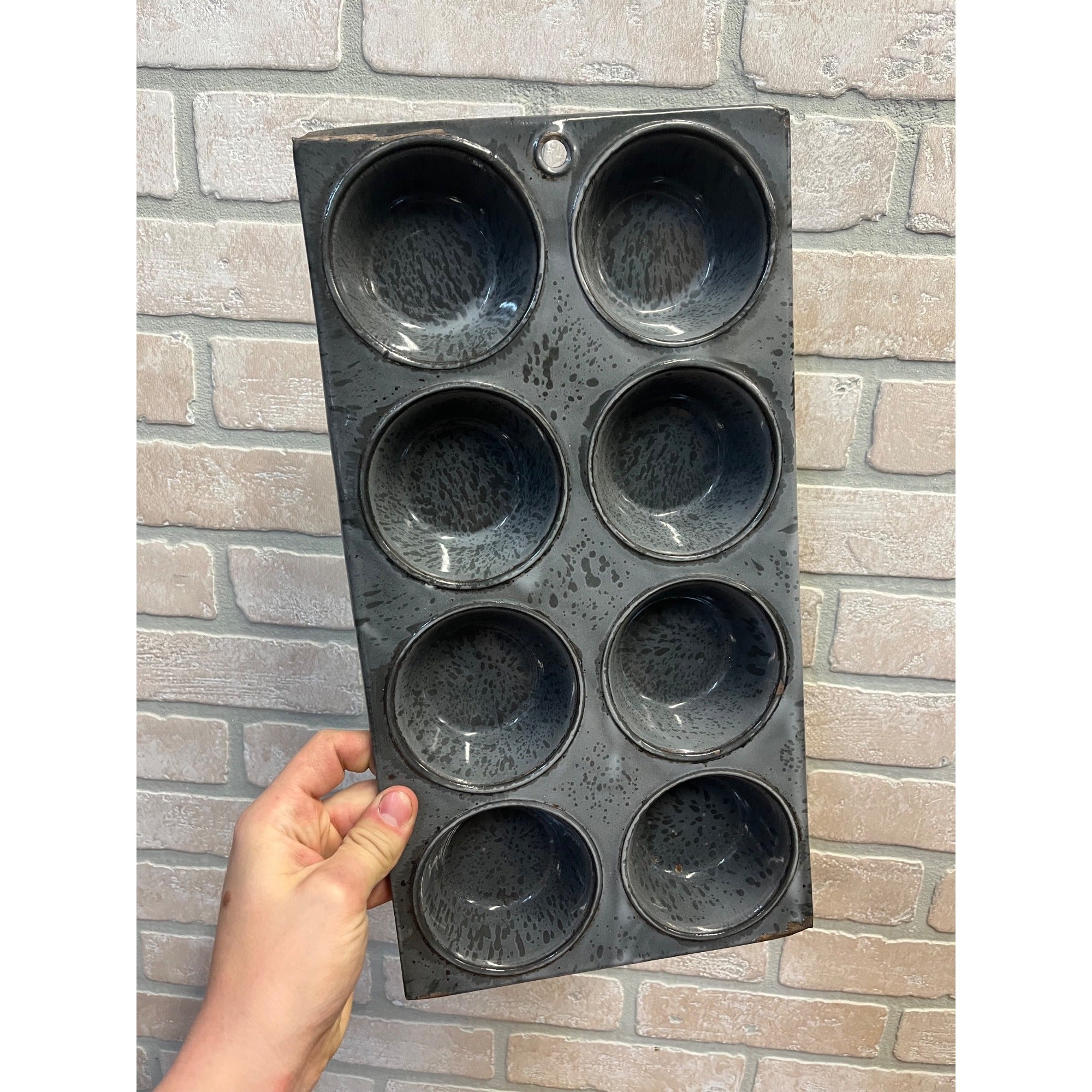 Antique Primitive Graniteware Enamelware Gray Muffin Pan / 8 Large Cup Tins / Farmhouse/ Kitchen Decor, Grey