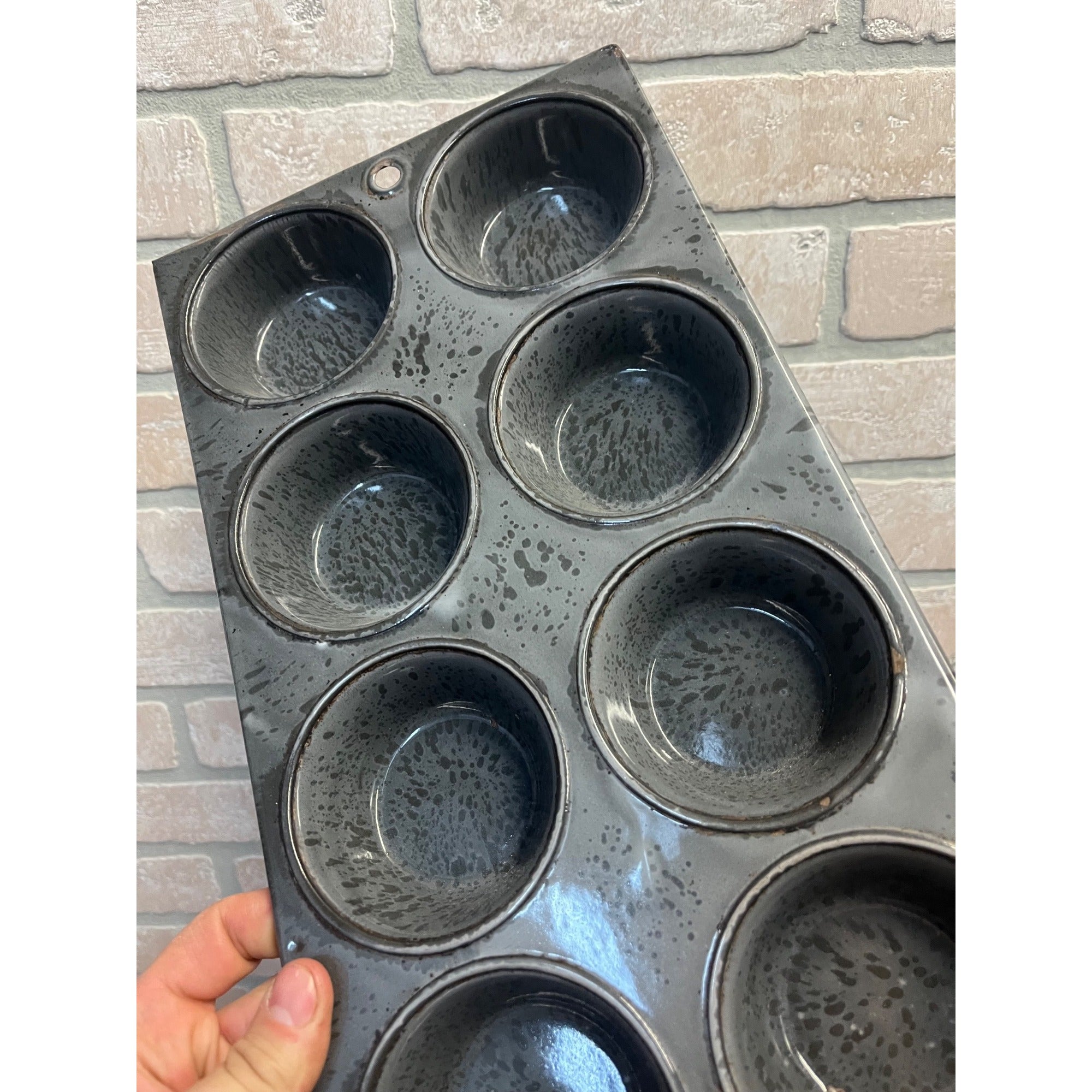 Antique Primitive Graniteware Enamelware Gray Muffin Pan / 8 Large Cup Tins / Farmhouse/ Kitchen Decor, Grey