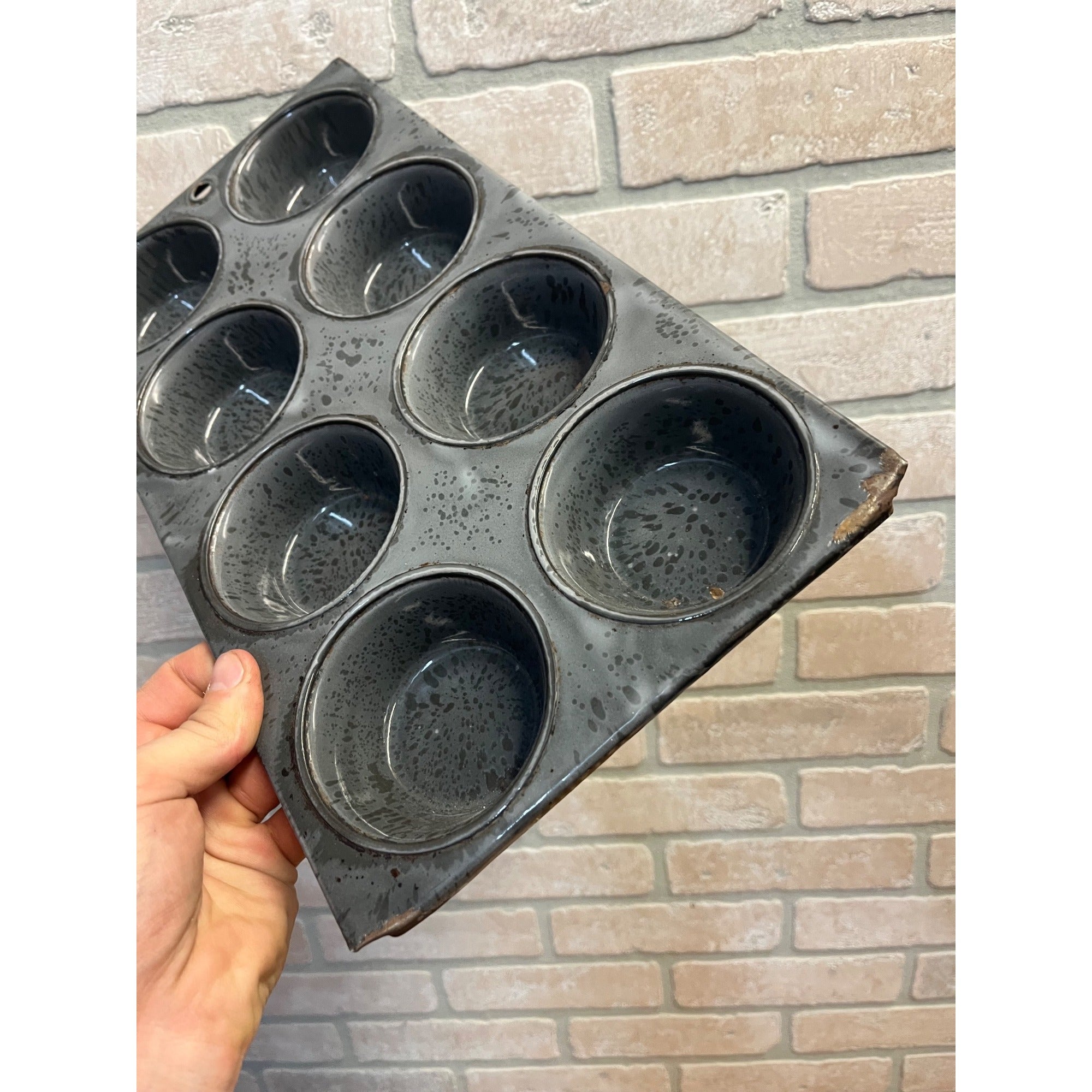 Antique Primitive Graniteware Enamelware Gray Muffin Pan / 8 Large Cup Tins / Farmhouse/ Kitchen Decor, Grey
