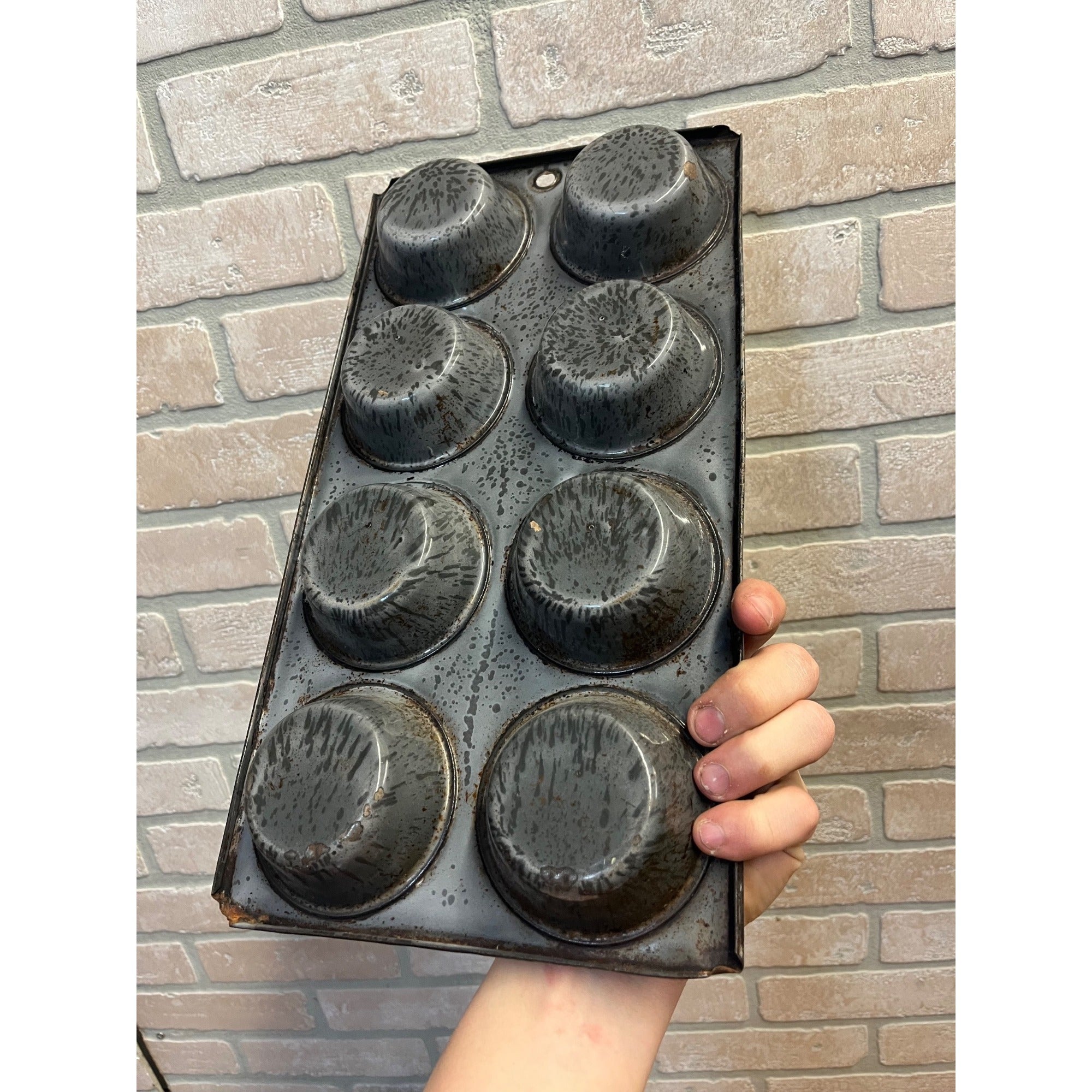 Antique Primitive Graniteware Enamelware Gray Muffin Pan / 8 Large Cup Tins / Farmhouse/ Kitchen Decor, Grey