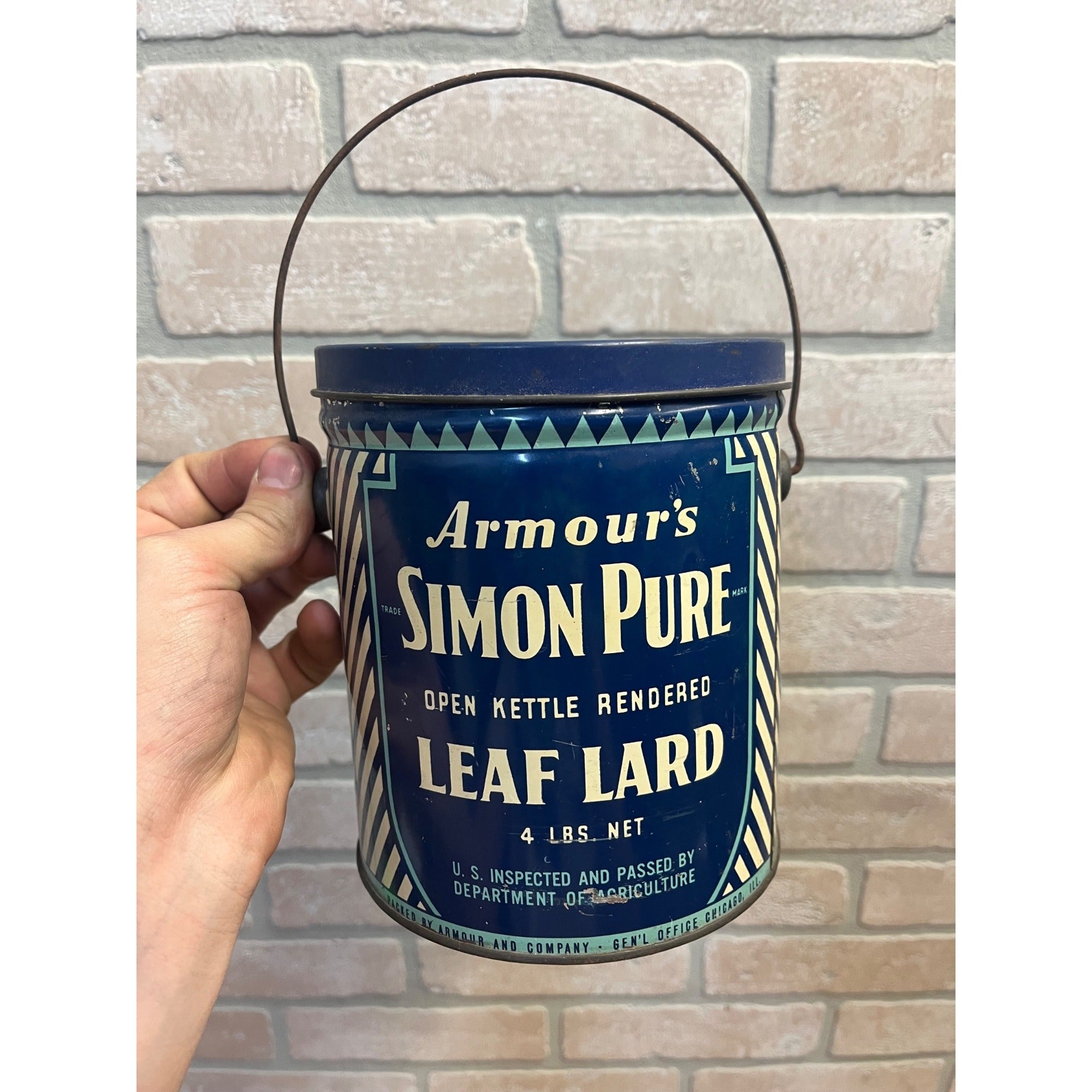 Vintage Armour's Simon Pure Kettle Leaf Lard Lidded Pail Advertising Tin