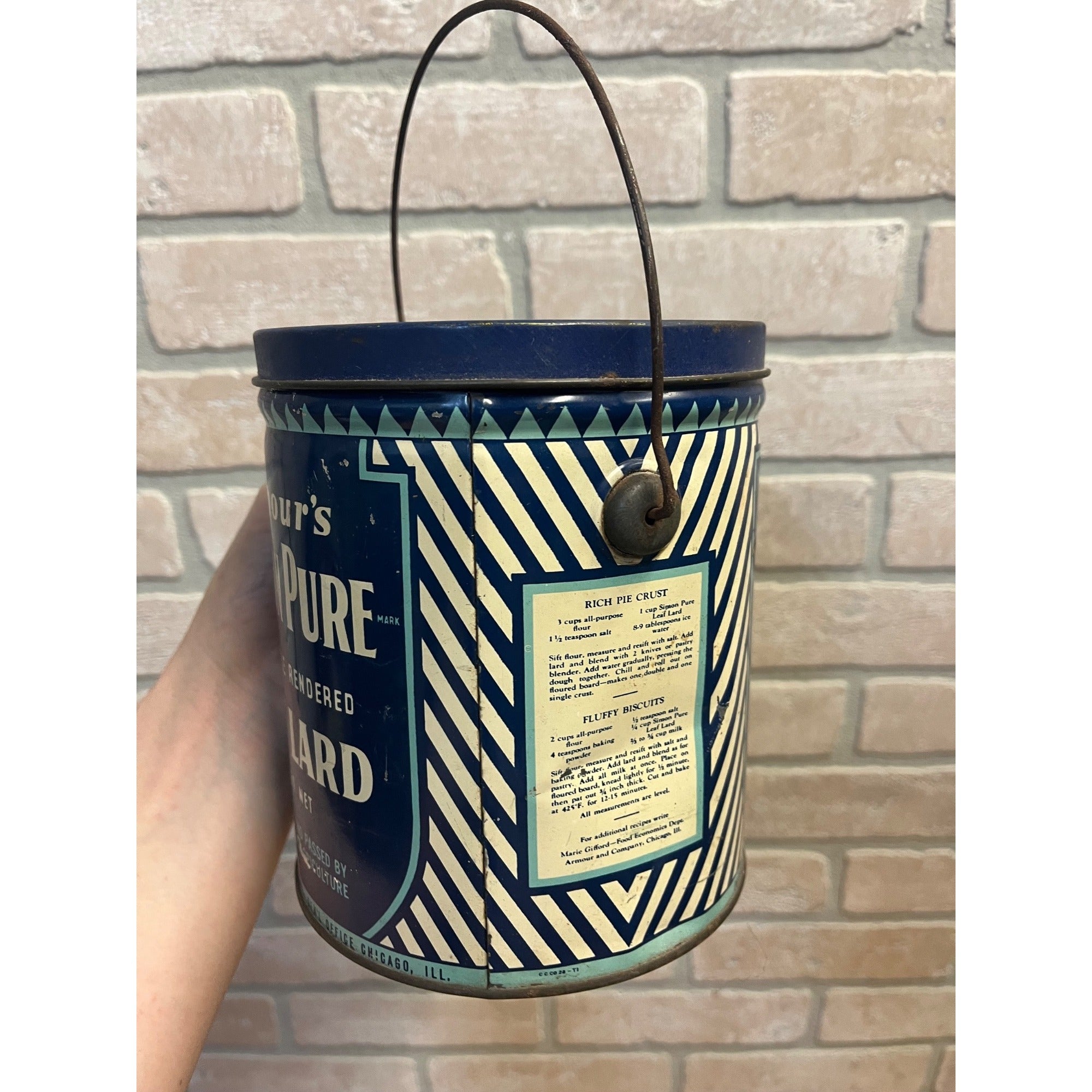 Vintage Armour's Simon Pure Kettle Leaf Lard Lidded Pail Advertising Tin