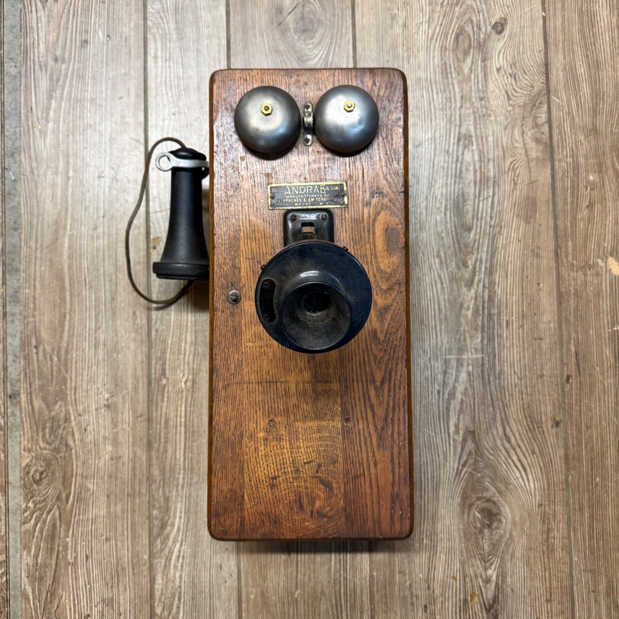 Antique Julius Andrae & Sons Oak Wall Telephone 1900s Milwaukee WI
