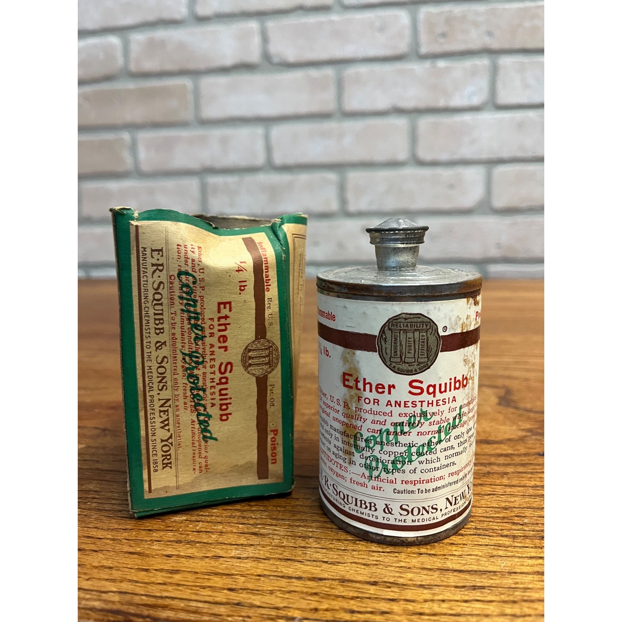 Ether Squibb Anesthesia Apothecary Medicine Jar 1/4 Lb Metal Canister