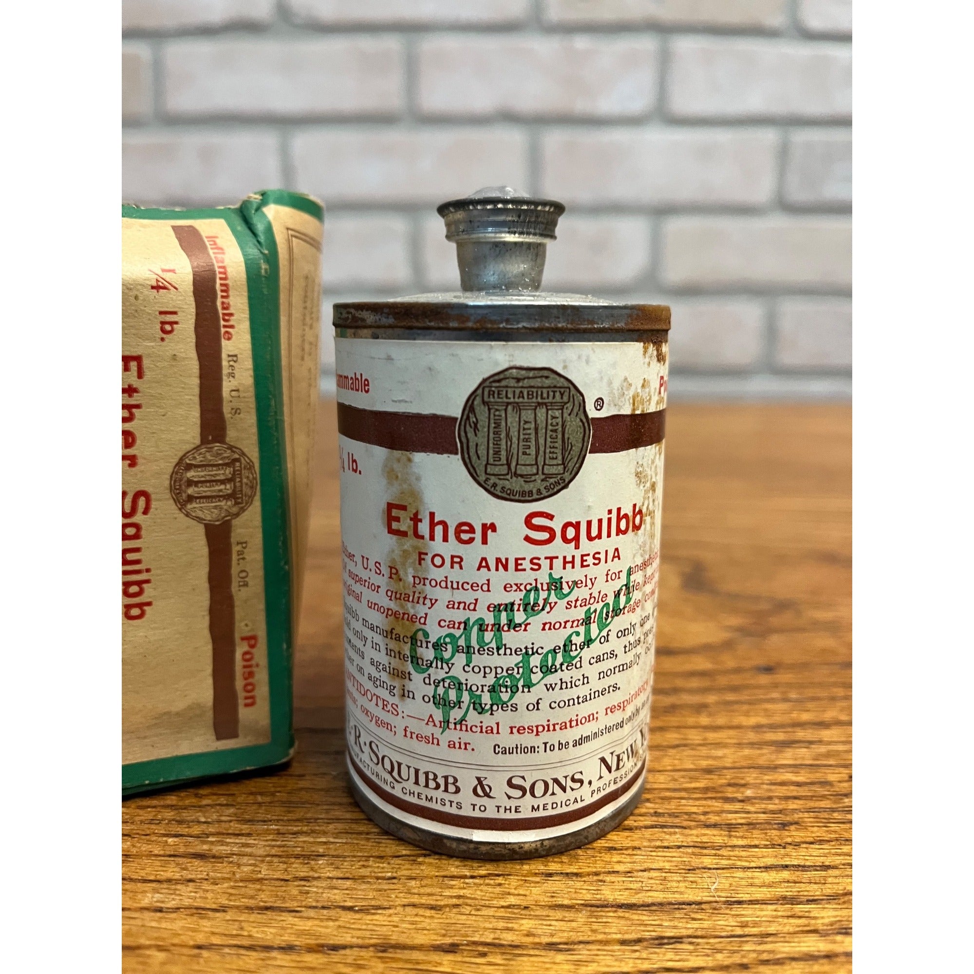 Ether Squibb Anesthesia Apothecary Medicine Jar 1/4 Lb Metal Canister