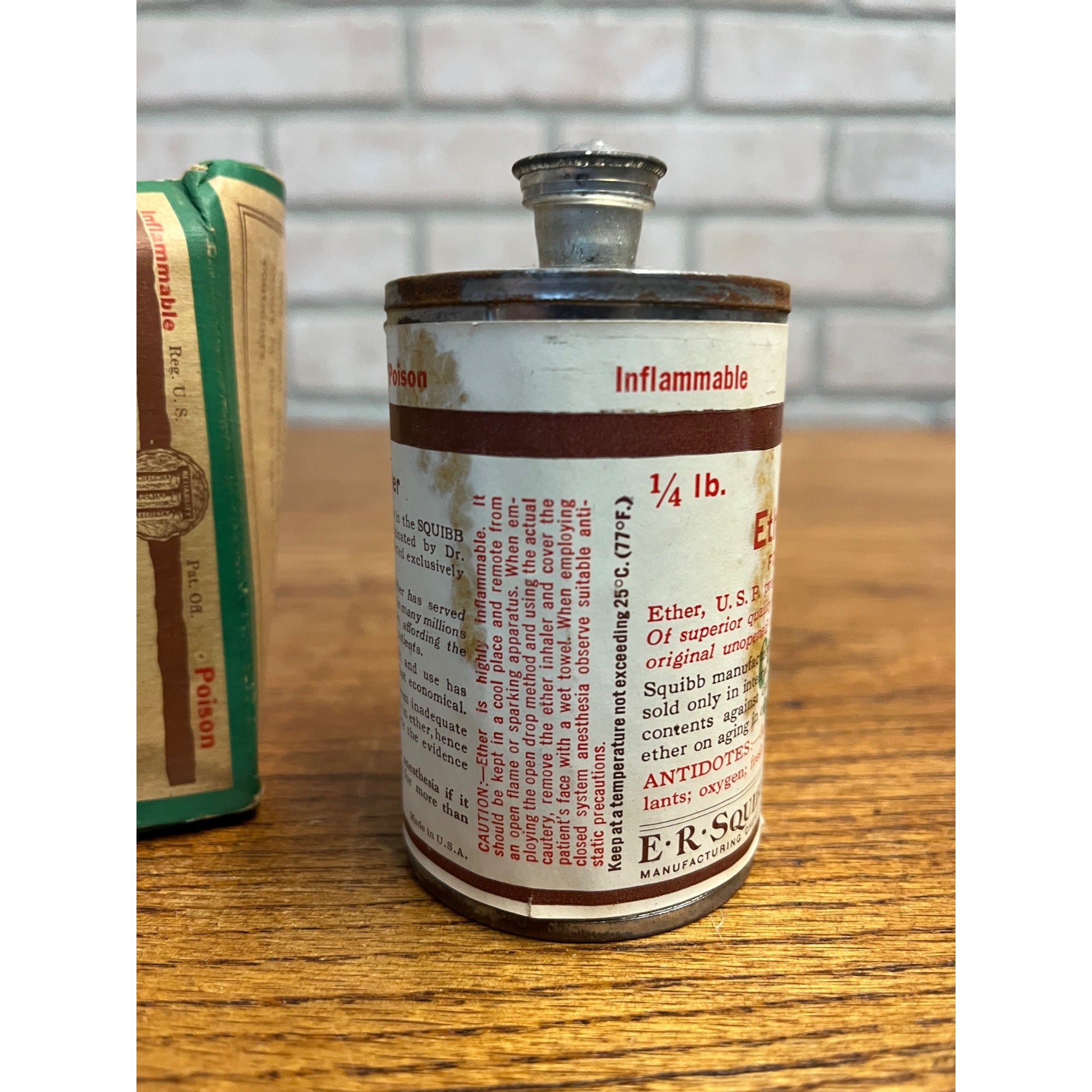 Ether Squibb Anesthesia Apothecary Medicine Jar 1/4 Lb Metal Canister