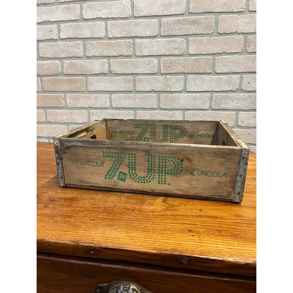 Vintage Wooden 7UP Handled Soda Crate With Galvanized Side Reinforcements "The Uncola" Motto A.W.P. Cases Newport, ARK.