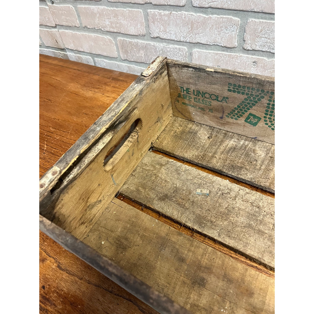 Vintage Wooden 7UP Handled Soda Crate With Galvanized Side Reinforcements "The Uncola" Motto A.W.P. Cases Newport, ARK.