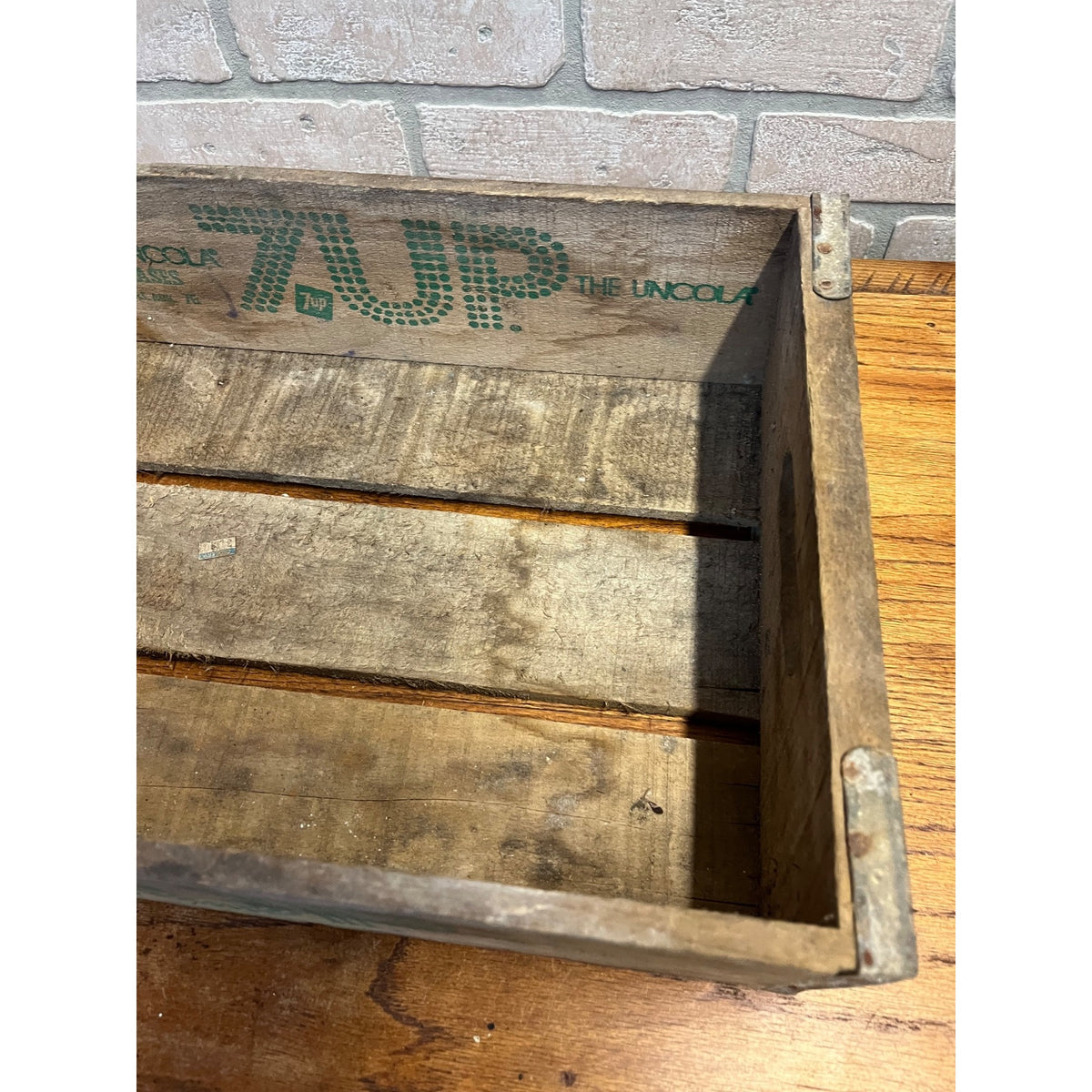 Vintage Wooden 7UP Handled Soda Crate With Galvanized Side Reinforcements "The Uncola" Motto A.W.P. Cases Newport, ARK.
