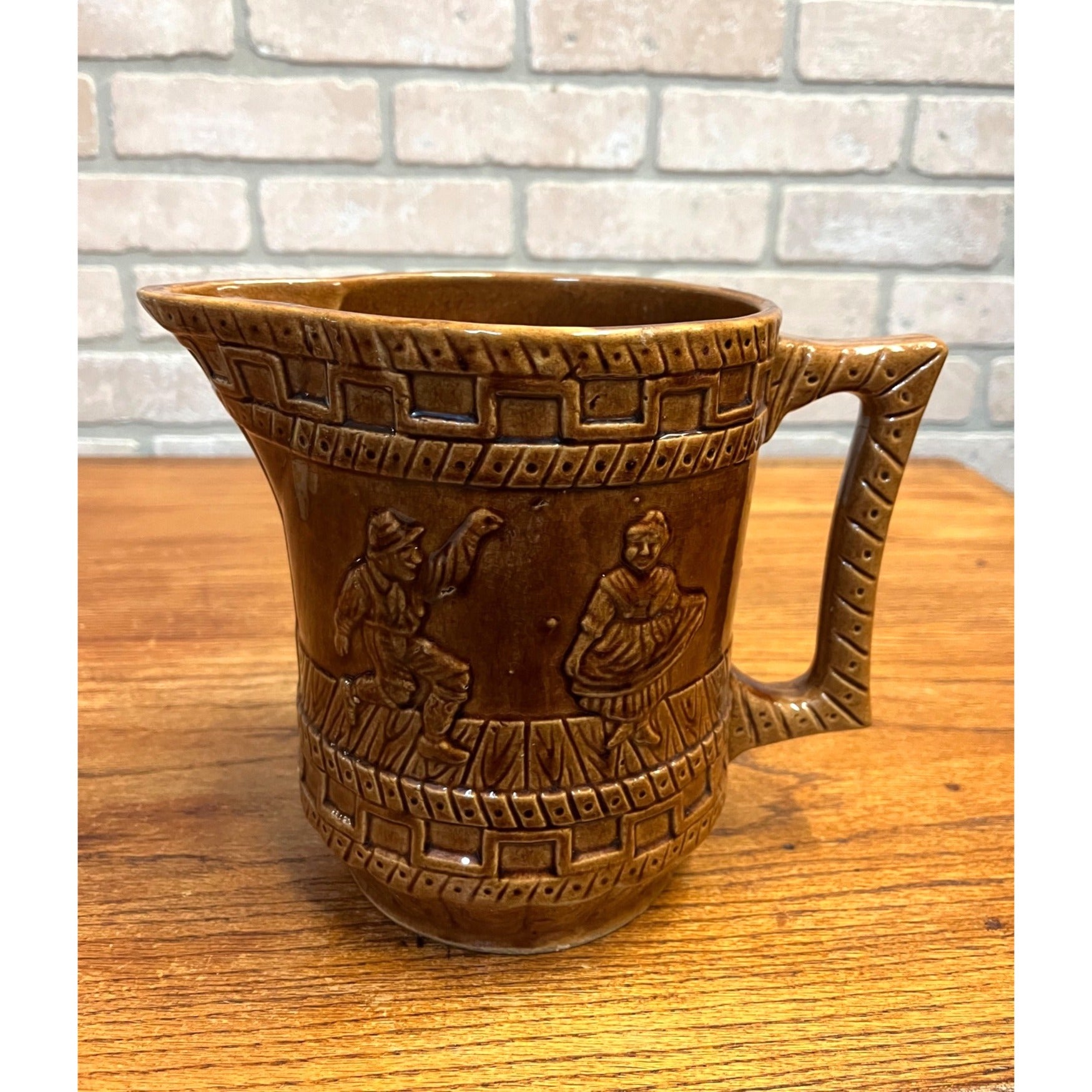 Vintage Stoneware Large Brown Pitcher Dancing Couple Farmhouse Pottery - Bennington?