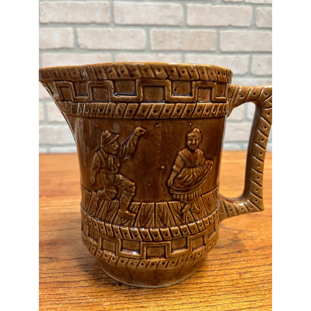 Vintage Stoneware Large Brown Pitcher Dancing Couple Farmhouse Pottery - Bennington?