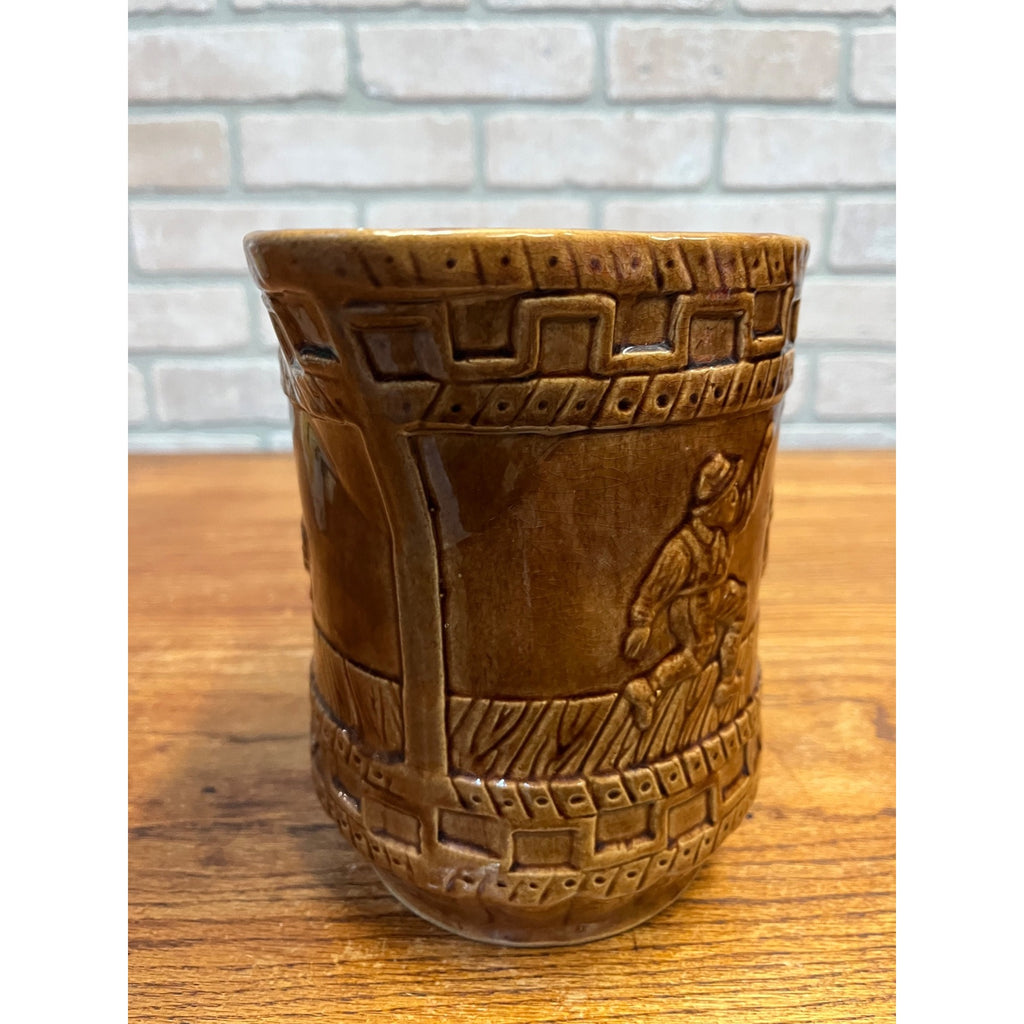 Vintage Stoneware Large Brown Pitcher Dancing Couple Farmhouse Pottery - Bennington?