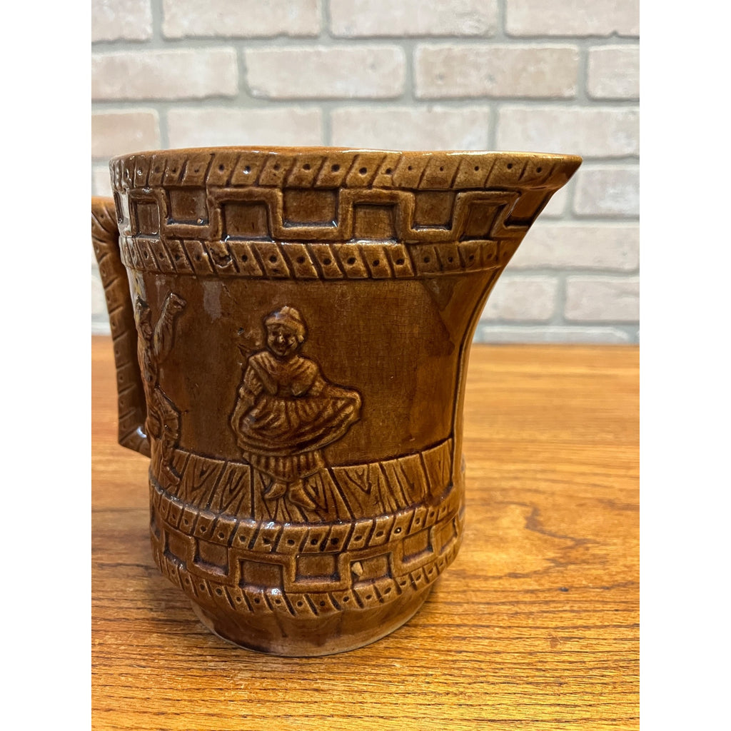 Vintage Stoneware Large Brown Pitcher Dancing Couple Farmhouse Pottery - Bennington?