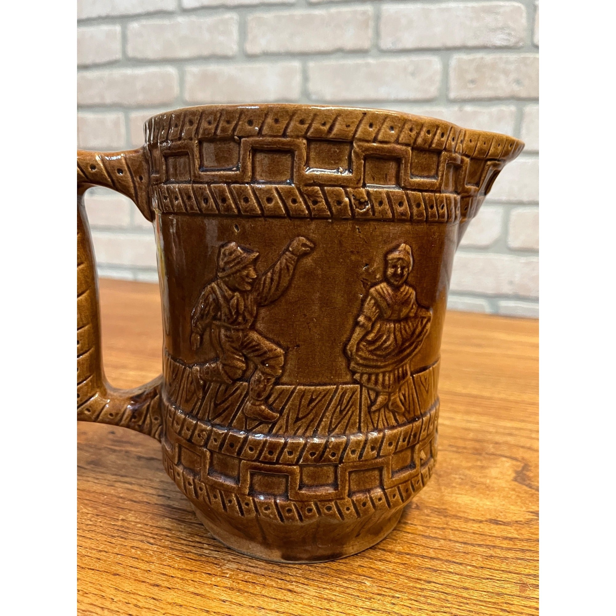 Vintage Stoneware Large Brown Pitcher Dancing Couple Farmhouse Pottery - Bennington?