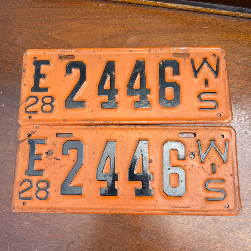 Vintage 1928 Wisconsin License Plates Matching Pair Orange/Black Class E Truck