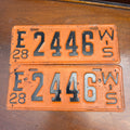 Vintage 1928 Wisconsin License Plates Matching Pair Orange/Black Class E Truck