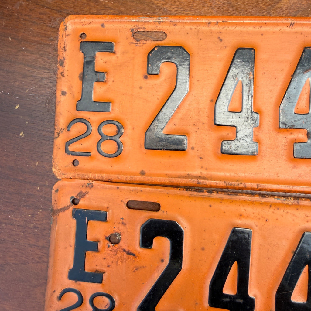 Vintage 1928 Wisconsin License Plates Matching Pair Orange/Black Class E Truck