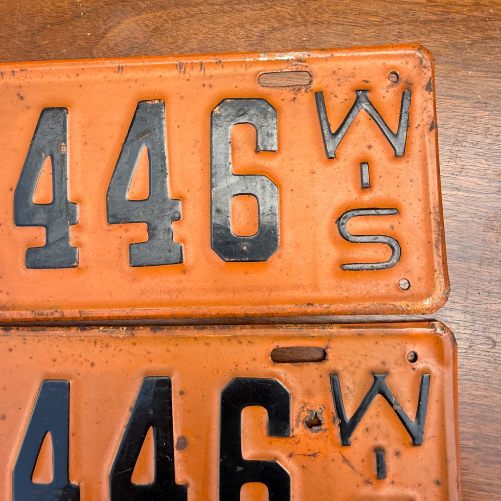 Vintage 1928 Wisconsin License Plates Matching Pair Orange/Black Class E Truck