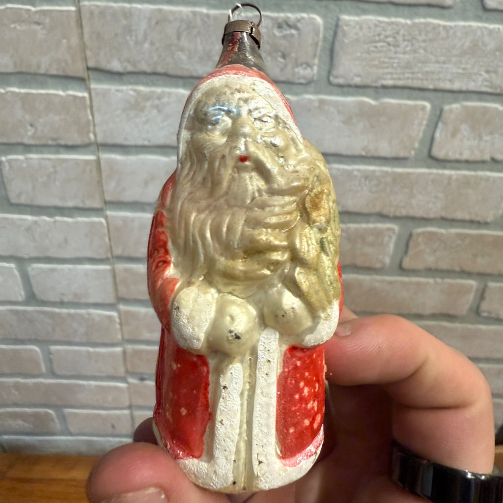 Original Early Santa Claus W/ Tree Christmas Ornament Mercury Glass Painted