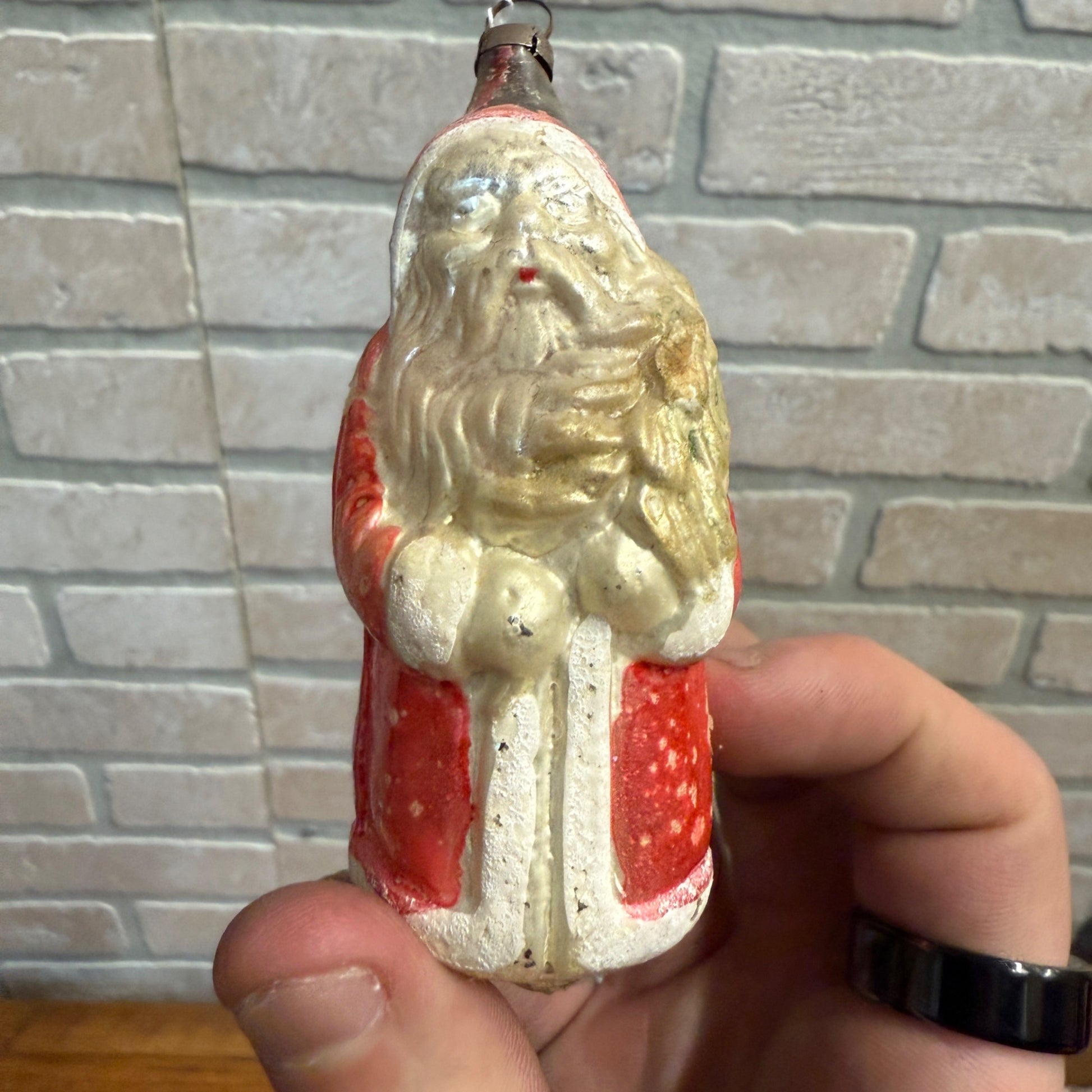 Original Early Santa Claus W/ Tree Christmas Ornament Mercury Glass Painted
