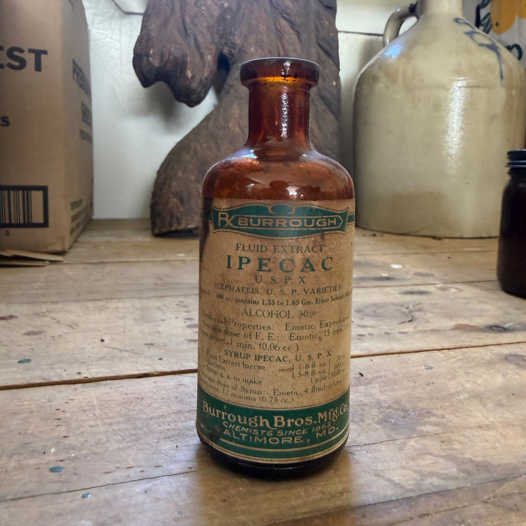 Antique Burroughs Ipecac Fluid Extract Bottle Baltimore MD Amber Glass Drug