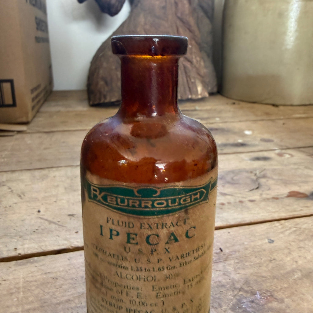 Antique Burroughs Ipecac Fluid Extract Bottle Baltimore MD Amber Glass Drug