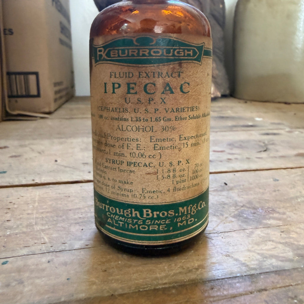Antique Burroughs Ipecac Fluid Extract Bottle Baltimore MD Amber Glass Drug