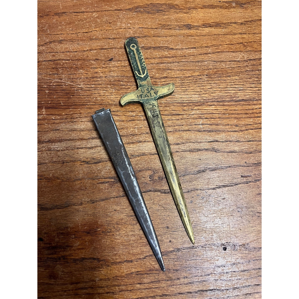 WWII 1943 USA Italy Souvenir Stiletto Dagger Letter Opener Brass With Sheath