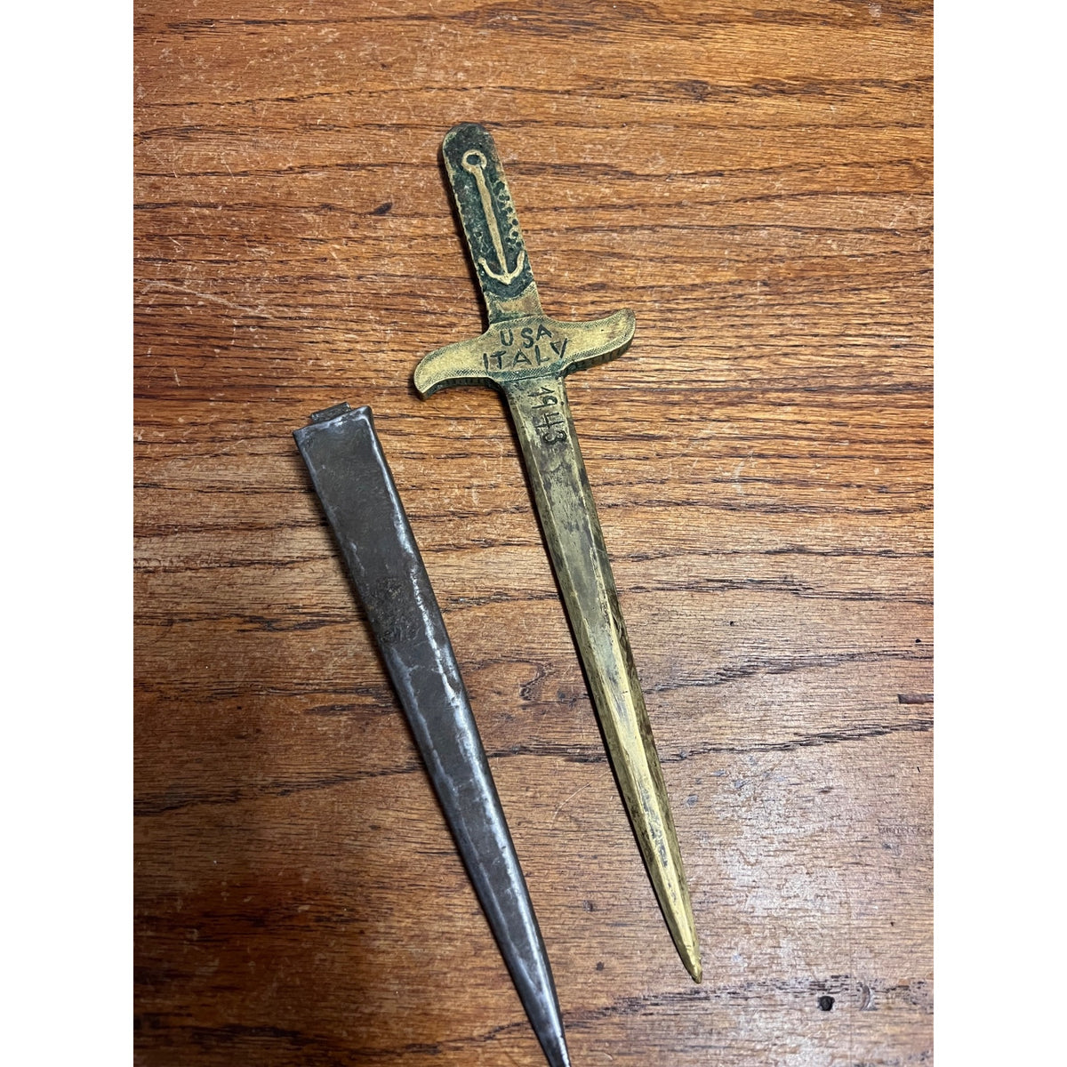 WWII 1943 USA Italy Souvenir Stiletto Dagger Letter Opener Brass With Sheath