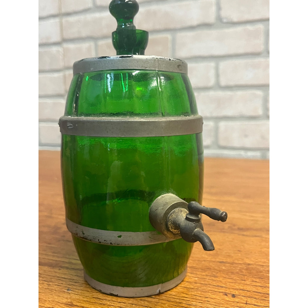 Vintage 1950s Green Glass Liquor Whiskey Decanter Barrel w/ Spigot Barware MCM