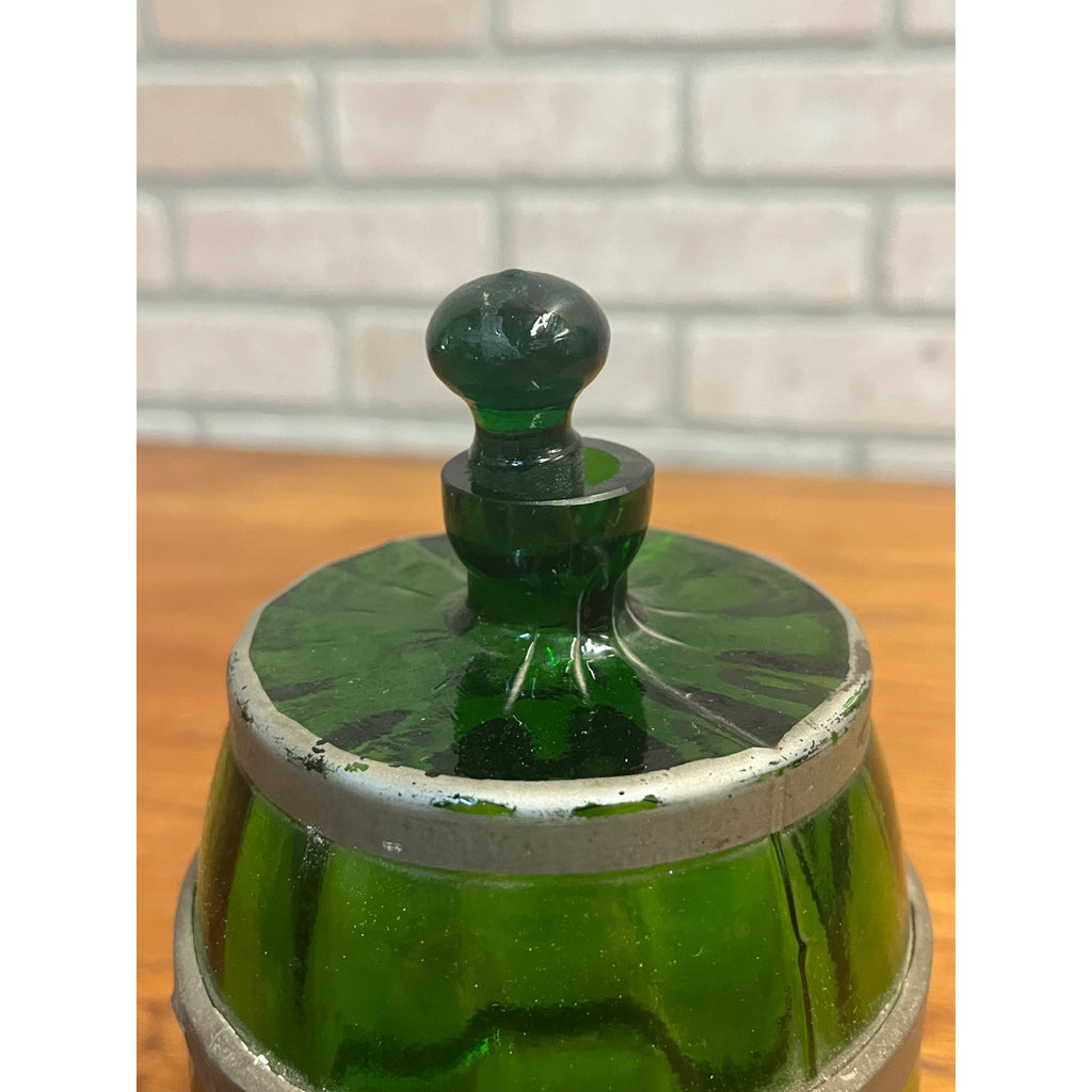 Vintage 1950s Green Glass Liquor Whiskey Decanter Barrel w/ Spigot Barware MCM