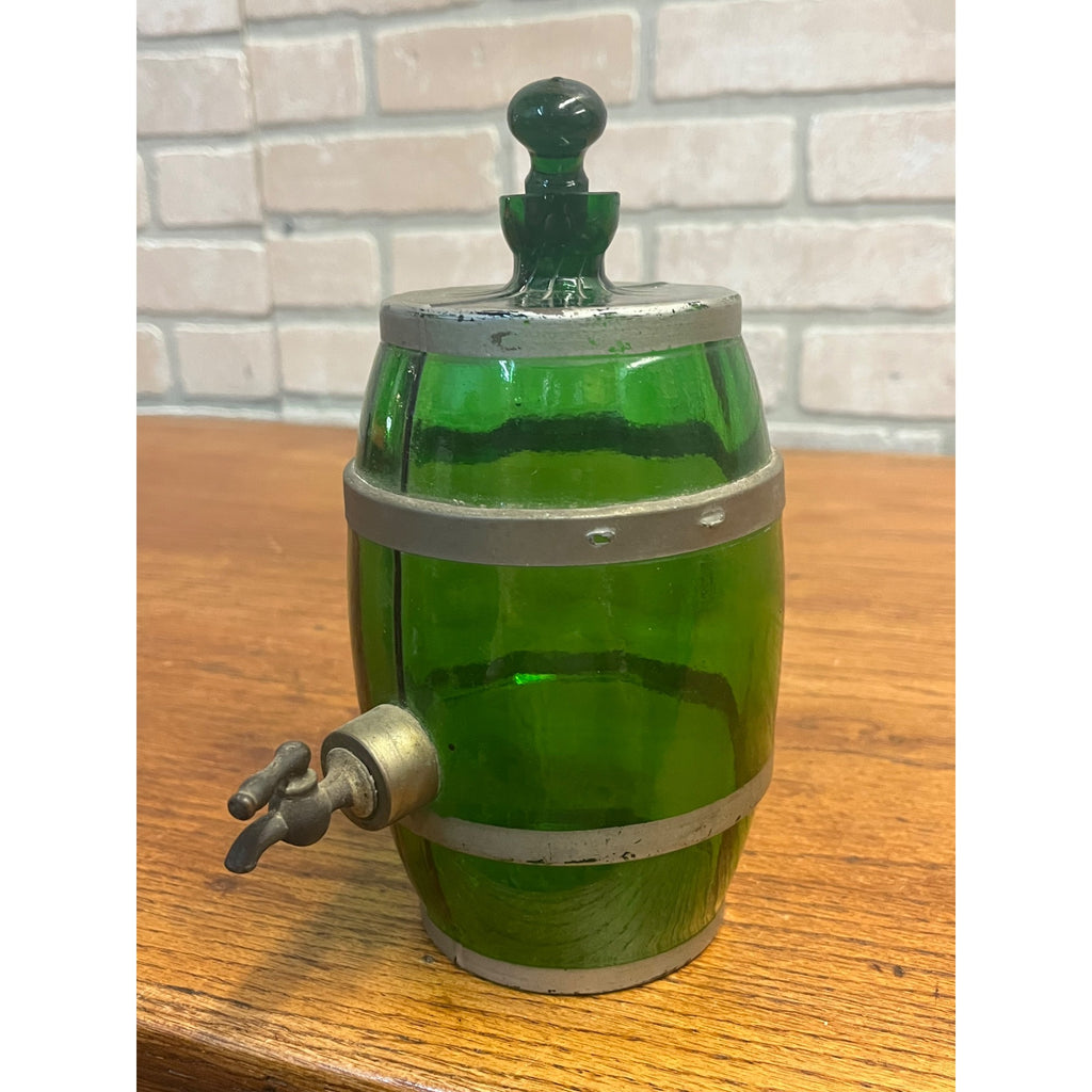 Vintage 1950s Green Glass Liquor Whiskey Decanter Barrel w/ Spigot Barware MCM