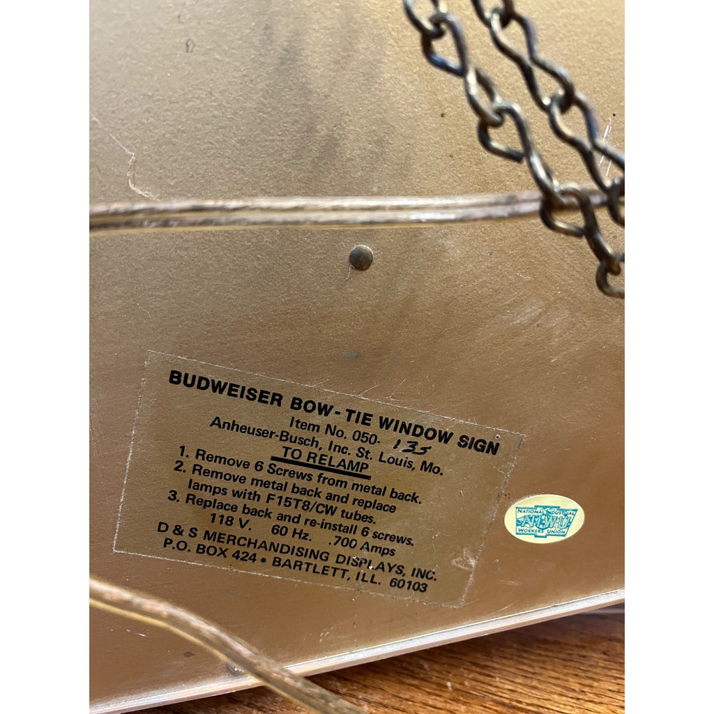 Vintage 1970s Budweiser Beer Bowtie Lighted Window Hanging Bar Sign