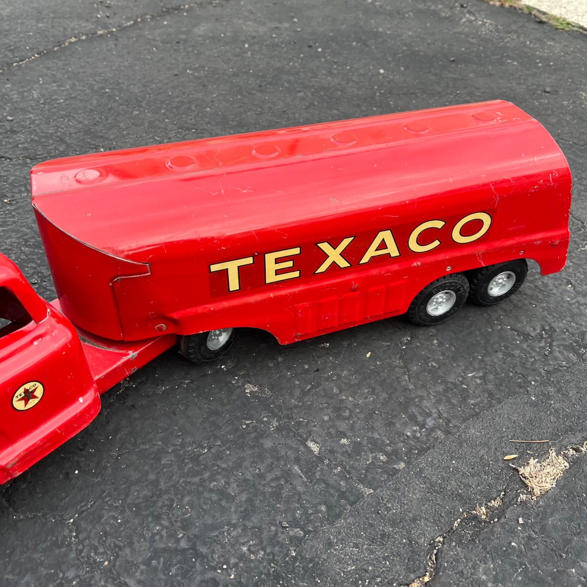 Vintage Buddy L Texaco Tanker Semi Truck Hauler Trailer Pressed Steel Toy